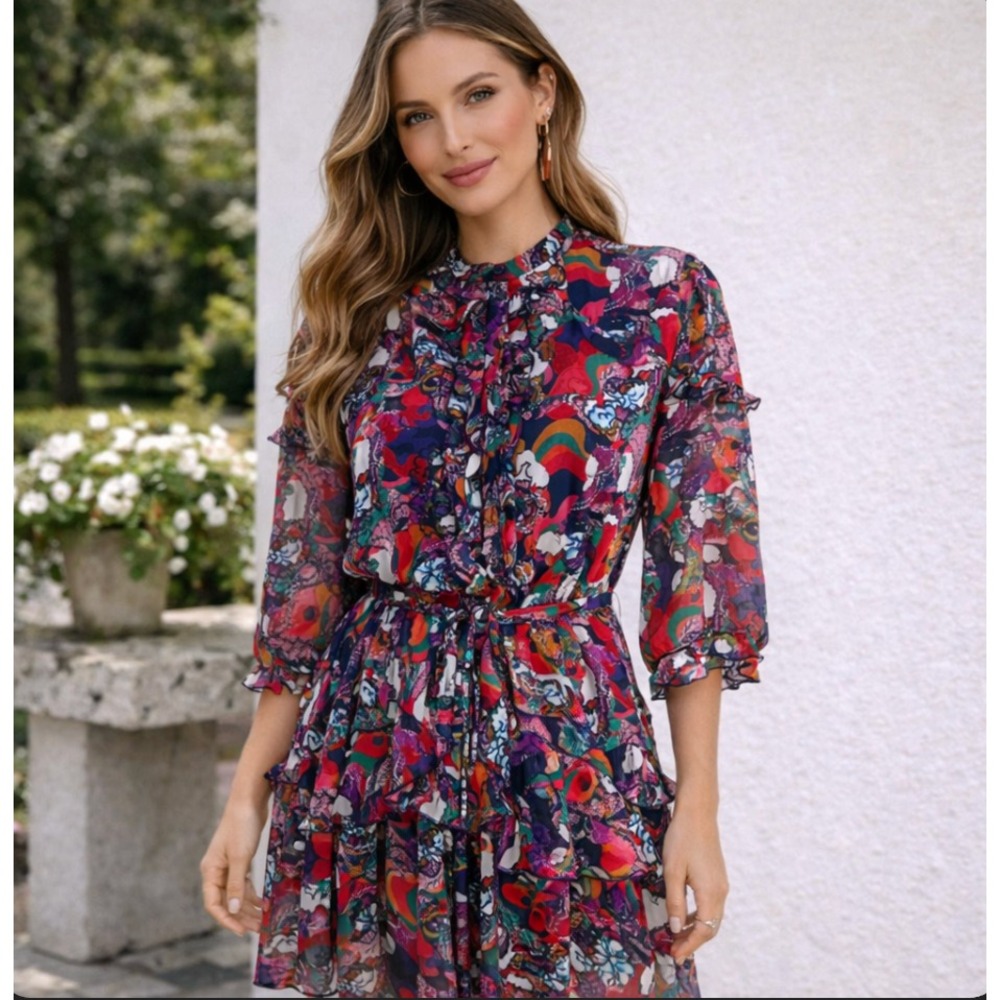 Saloni Multicolor Abstract Floral Silk Mini Dress Ruffle Boho Size 2 Tier Runway